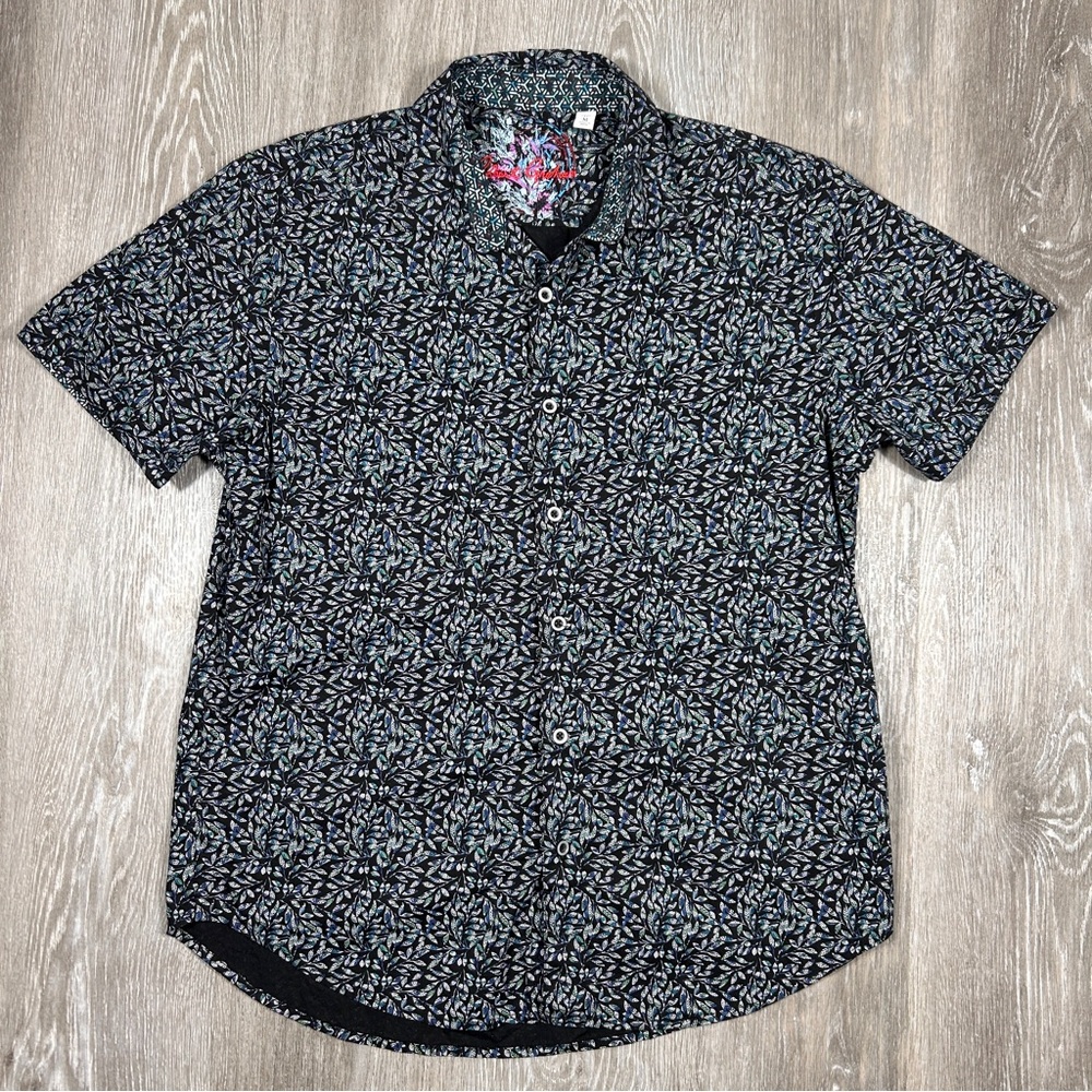 Robert Graham Leaf Print Mens Medium Blue Black Button Up Short Sleeve Shirt EUC